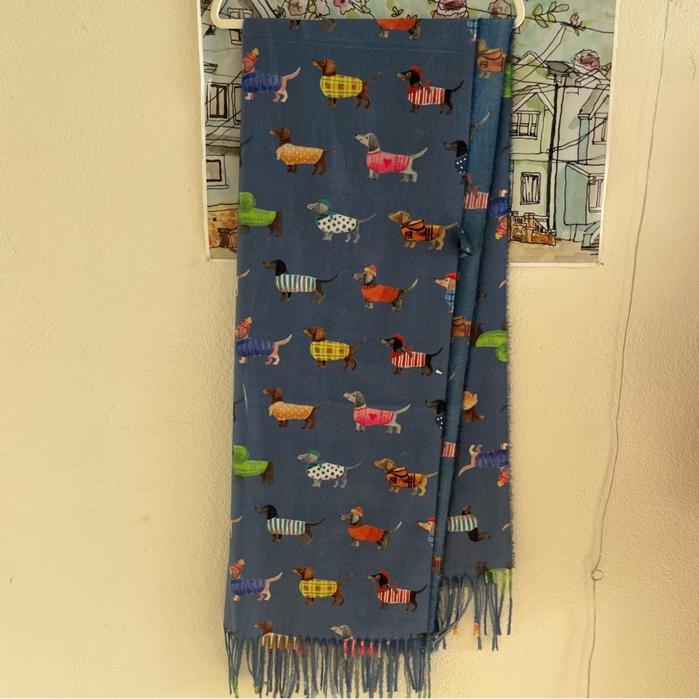 JM Dachshund Print Scarf – Blue Dog Pattern with Fringe